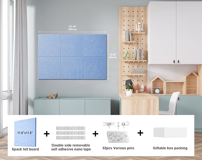 Felt Wall Tiles Bulletin Board Large Cork Board Alternative 6 Pack 11.81”x11.81”x0.47” Felt Pin Board Tack Board with Safe Removable Adhesive Tabs for Home Office School 36x24 (Light Blue)