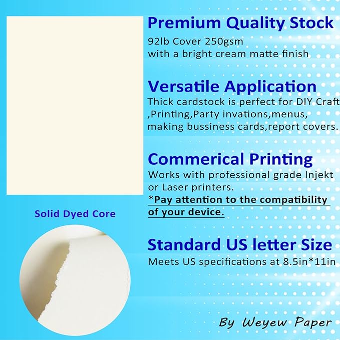 100 Sheets 92lb Cream Cardstock, 8.5" x 11", Thick Off-White Paper Envelopes Making Blank Invitation Paper Greeting Cards DIY Craft Card Making, 92LB Cover 250 GSM