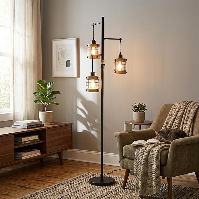Airposta Vintage Wood Floor Lamp for Bedroom, Dimmable Floor Lamps for Living Room, Industrial Standing Lamp Farmhouse Tall Lamp for Office Home, Rustic Corner Floor Lamp Metal Black Pole Lamp