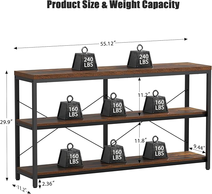 Semoic 3-Tier Industrial Bookshelf, Wide Wood Horizontal Bookcase, Open Large Book Shelf with Metal Frame, Display Rack Shelving Unit, Storage Organizer for Living Room, Bedroom & Study, Brown
