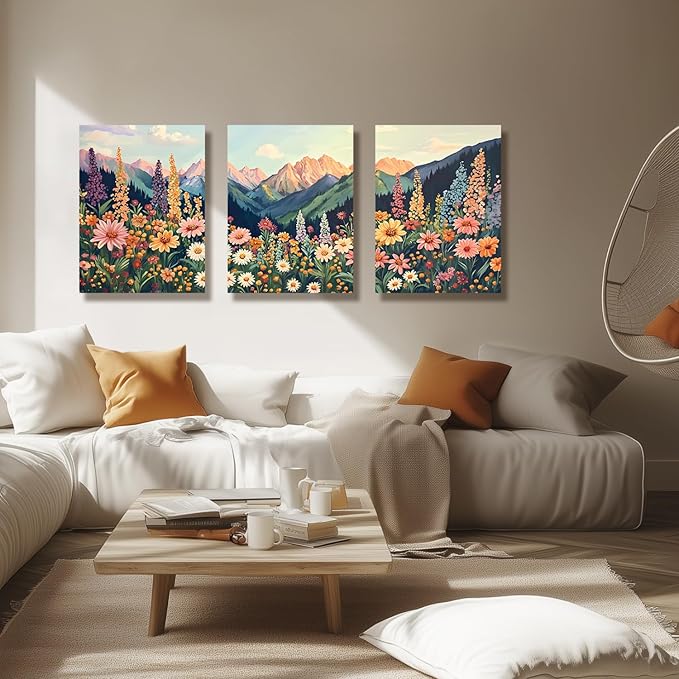 Hianan Mount Daisy Wildflower Landscape Wall Art, Colorful Floral Wall Decor, Boho Sunset Landscape Canvas Painting, Bright Botanical Poster Prints for Living Room Bedroom Framed 16"x24"x3
