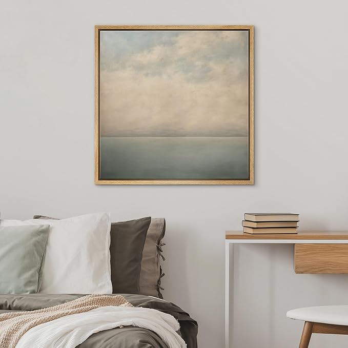 SIGNWIN Framed Canvas Print Wall Art Serene Ocean Horizon Soft Blue and Beige Coastal Landscape with Clouds Illustrations Decorative Boho Relax/Zen for Living Room, Bedroom, Office - 24"x24" Natural