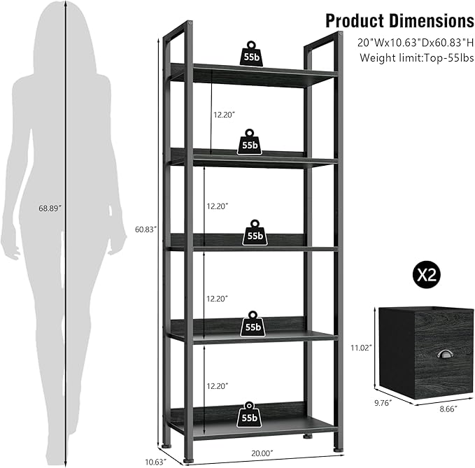 Furologee 5-Tier Bookshelf, Tall Bookcase with 2 Storage Drawers, Industrial Display Standing Shelf Units, Wood and Metal Storage Shelf for Living Room, Bedroom, Home Office, Black Oak
