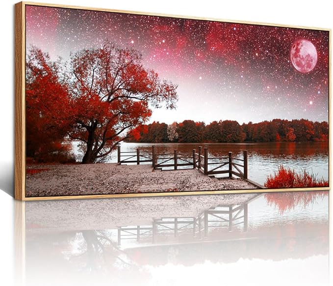 Lapremoly Red Tree Wall Art - Large Wall Decor for Living Room, Bedroom - Starry Sky Moon Landscape - Wood Framed 20" X 40"