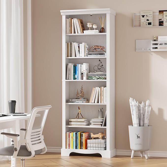 6-Tier Bookshelf, 73 inch Tall Bookcase with 2 Adjustable Shelves, Book Shelf with Anti-Tipping Device, Wooden Bookcase for Study Room, Living Room, Home Office, Bedroom (White)