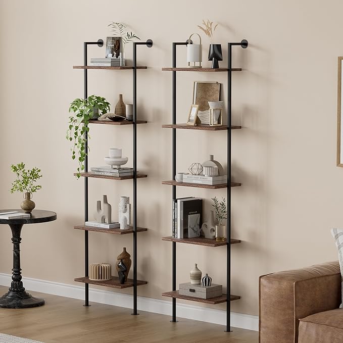 5-Tier Bookshelf - Solid Wood Narrow Ladder Shelf Set of 2, Wall Mount Bookcase for Living Room, Bedroom - Industrial Style, Dark Brown