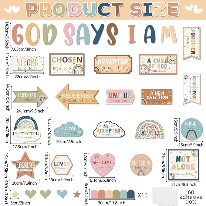 Christian Bulletin Board Decorations Classroom Motivational Bulletin Board for Welcome Back Boho Rainbow God Says I Am Cutout Inspirational Religious Wall Decors for Sunday School Home Church Supplies