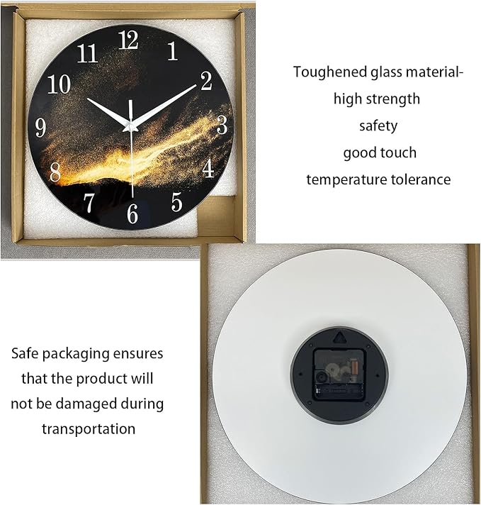 Black and Gold Modern Wall Clocks Battery Operated 12 Inch Silent Wall Clock Non Ticking Glass Wall Clock for Living Room