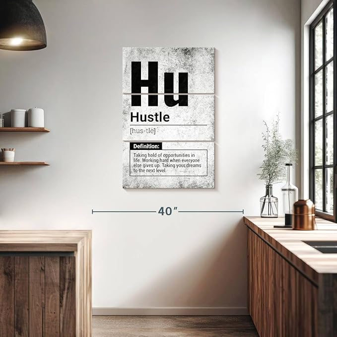 Elephant Stock - Hustle Definition Grunge Wall Art - Vertical Multi Panel Canvas - 3 Piece Living Room Wall Decor - Digital Art Inspirational And Typography Multi Piece Wall Art - Black And Gray Decor - 24" x 38"
