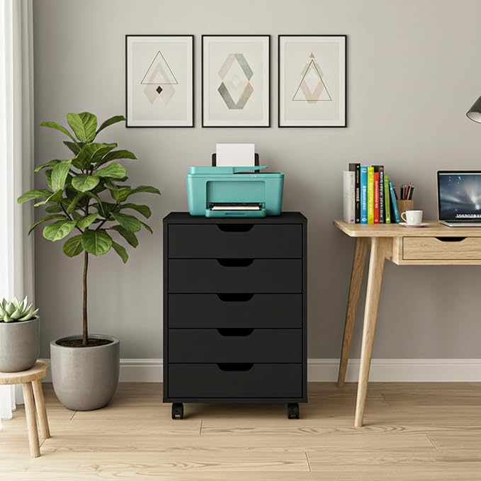 VINGLI 5 Drawers Mobile File Cabinet with Wheels, Under Desk Storage Organization, Vertical Filing Chest Rolling Wood Small Desk Printer Stand for Home Office, 19" W × 15.8" D × 25.6" H, Black