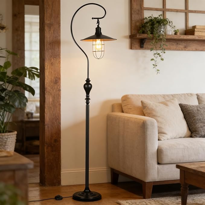 Rustic Farmhouse Floor Lamp for Living Room, Retro Floor Lamp with Foot Switch, Next to Couch Arched Standing Lamp with Lampshade, Vintage Metal Corner Lamp for Bedroom Bar Cafe