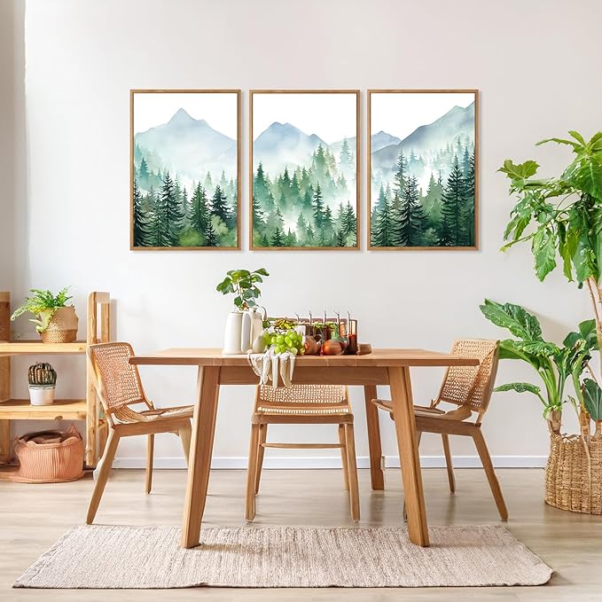 CHDITB Mountain Landscape Framed Canvas Wall Art(16"x24"), 3 Panels Boho Nature Forest Artwork Prints, Large Abstract Modern Green Pine Trees Art Decor for Bedroom Living Room Office