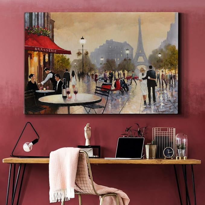 WEXFORD HOME Landscape Wall Art Premium Gallery Wrapped Canvas Abstract Ocean Forest Modern Artwork Decoration for Living Room Kitchen Bathroom Office, Ready to Hang, paris stroll, 32x48