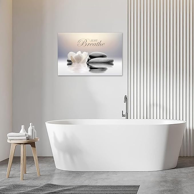 Zen Stone Canvas Wall Art Just Breathe Yoga Quotes Poster for Spa Decor White Lotus Flower Pictures Prints for Bathroom Modern Spiritual Artwork Framed (16 x 24inches)