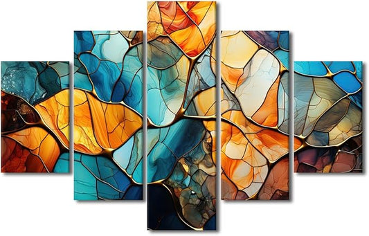 Abstract Canvas Wall Art Decor Modern Living Room Wall Art 5 Panel Home Canvas Art Blue Yellow Brown Glass Window Poster Printing for Men Living Room Decor Stretched Ready to Hang 60x40 in