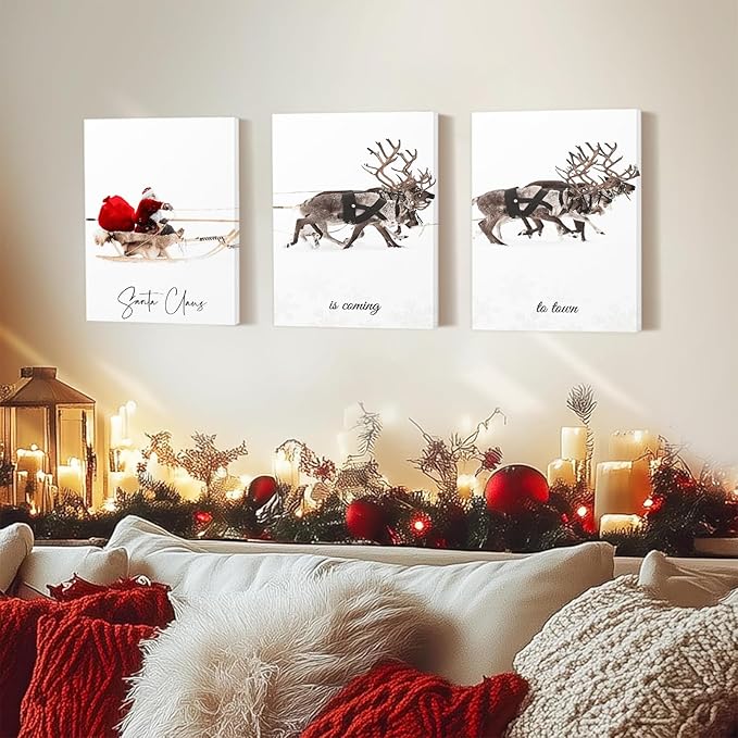 Framed Christmas Wall Art Set of 3,Santa Claus with Sleigh Canvas Art Prints,Christmas Wall Decor Living Room,Vintage Christmas Decor Santa Claus is Coming to Town Winter Wall Art Xmas Sign for Home Bedroom Bathroom Decoration,12"x16"