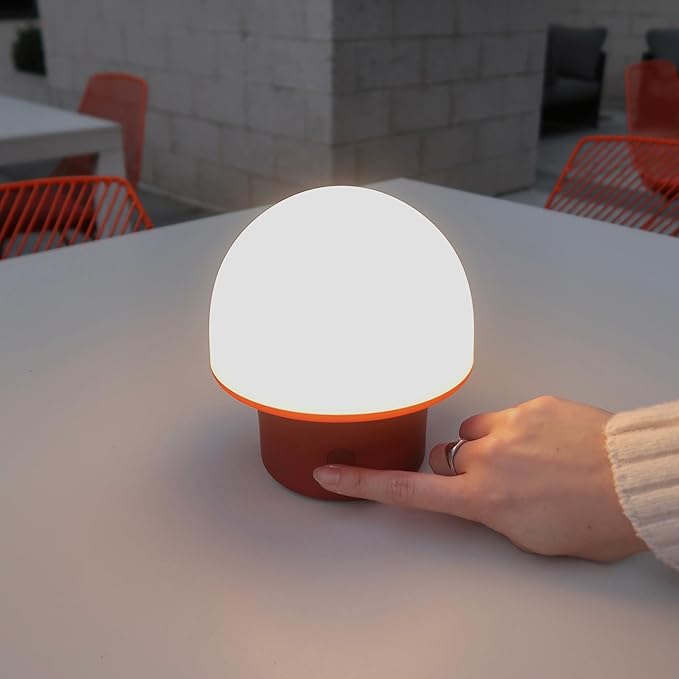 Brightech Portobello Cordless LED Touch Table Lamp - Small Dimmable Outdoor Mushroom Light for Camping & Side Tables - Modern Rechargeable Portable Bedside Light for Desk Bedroom, Nightstand - Red