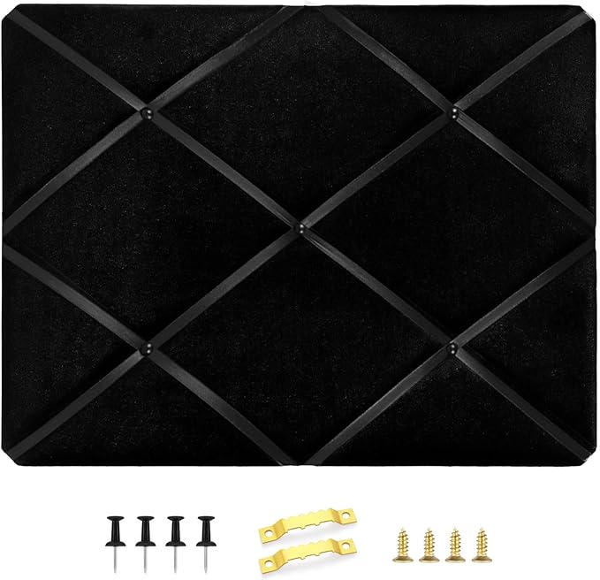 Black Fabric Memo Bulletin Board, 23.6x17.7 inches Velvet Pin Board for Wall, Vision Board Message Board Cork Board with Criss-Cross Ribbons for Home Office School Wall Decor(BK Velvet,4560)