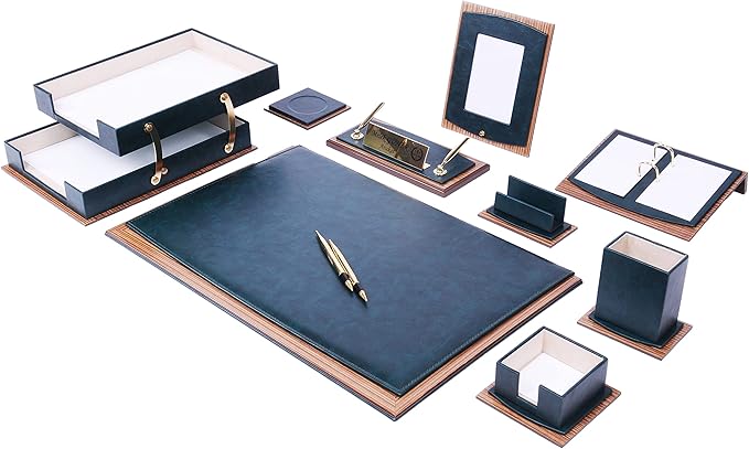 Leather Desk Set - Leather Organizer Desk Set - Walnut Wood Desk Set - Office Product - Office Desk Accessories - Home Office Accessories - Desk Supplies - Desk Accessories Set - 11 PCS (Green)