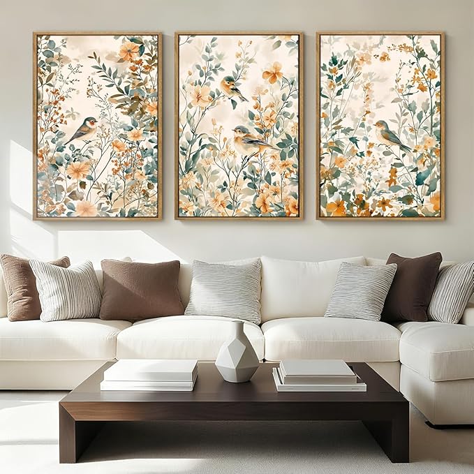 ANHUIB Large Neutral Floral Wall Art 16x24 Inch Beige Botanical Wall Decor Bird Painting Set of 3 for Living Room Bedroom Barhroom