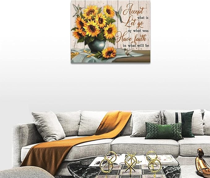 Farmhouse Sunflower Wall Art Country Sunflower Hummingbird Pictures Wall Decor Rustic Sunflower Canvas Painting Modern Artwork Home Decorations for Bathroom Dining Room Kitchen Bedroom Office Framed