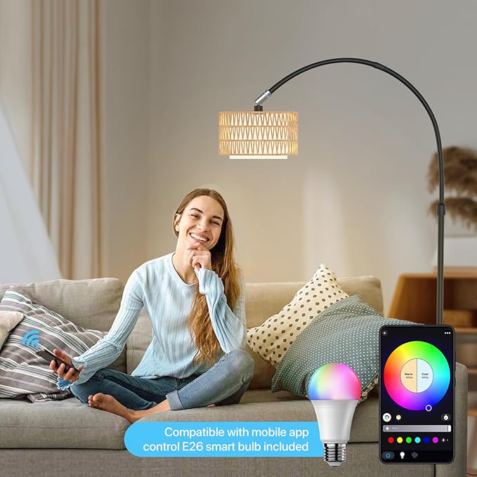 Arc Floor Lamp with Remote Control, Dimmable LED Floor Light with 3 Color Temperature, Black Standing Lamp with Rattan & Fabric Double Drum Shade, Boho Farmhouse Tall Floor Lamp for Living Room