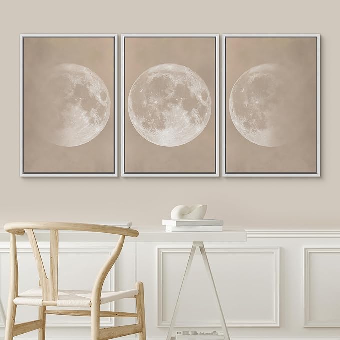 SIGNWIN Framed Canvas Print Wall Art Full Moon Minimalist Beige and Black Toned Lunar Nature Wilderness Modern Art Cool for Living Room, Bedroom, Office - 16"x24"x3 White