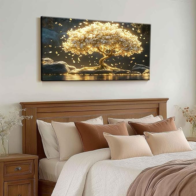 Large Tree of Life Canvas Wall Art Abstract Gold Tree Mountain Lake Decor painting Pictures Nordic Golden White Flowers Posters Prints for living room Bathroom Bedroom Office Hallway Home Decoration