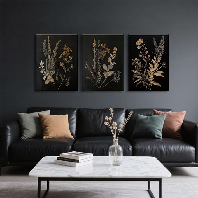 TUEASKY 3 Piece Floral Canvas Wall Art Dark Moody Wall Decor Botanical Pictures Wildflower Paintings 3 pieces Flower Prints for Bedroom Living Room