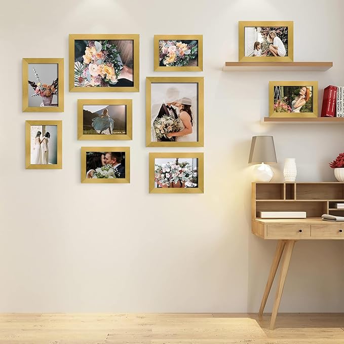 LUCKYLIFE Picture Frames Collage Wall Decor 10-Pack, Gallery Wall Frame Set with 8x10 5x7 4x6, Gold