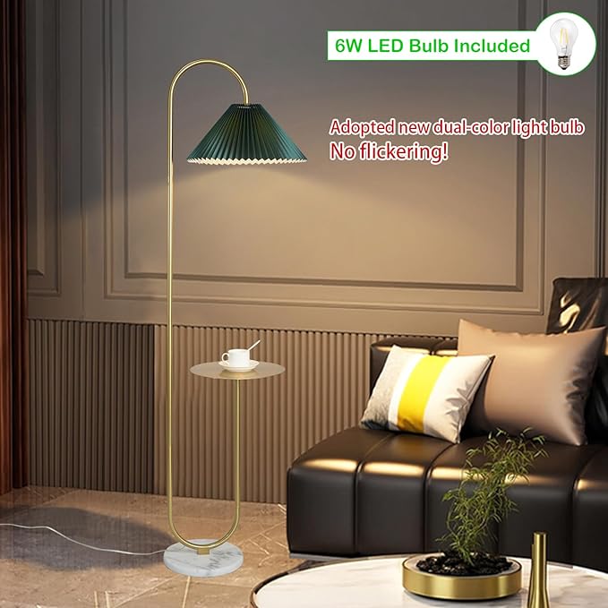 beaysyty Modern Elegant with Tray Floor Lamp for Office Cafe Den Living Room Bedroom, Foot Switch and Brass/Gold Finish,Dark Green Pleated Cloth Lampshade