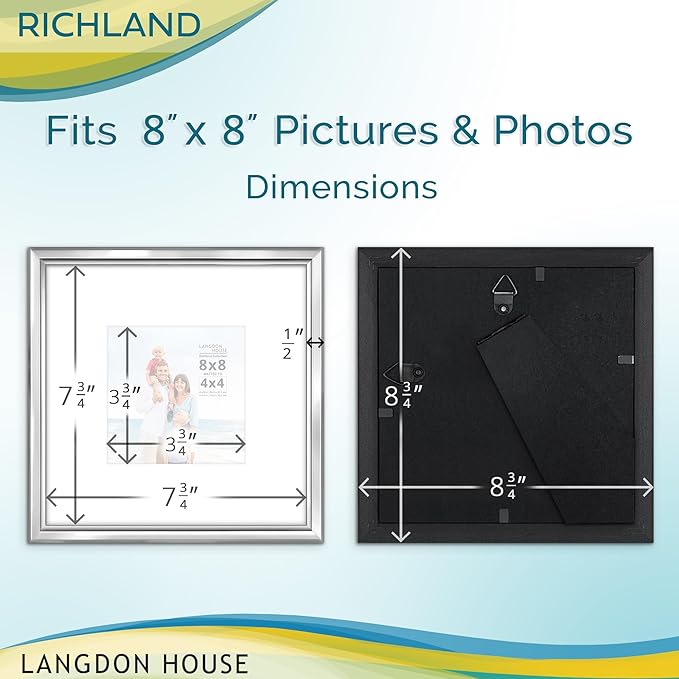 Langdon House - 8x8 Silver Picture Frame with Mat to 4x4 - Distinguished Edging for Classic Style - Richland Collection