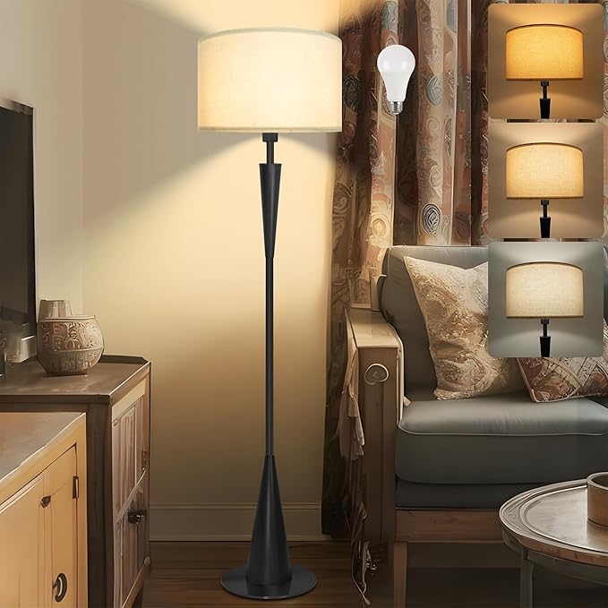 Floor Lamp for Living Room, Wood 3 Color Temperatures & Linen Shade, Modern Reading Standing Lamp with 9W LED Bulb, Mid Century Night Light for Farmhouse, Bedroom, Office, Black