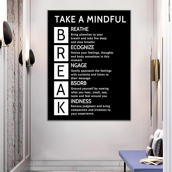 Inspirational Canvas Wall Art Office Poster Decor Motivational Take A Mindful Break Quotes Poster Print Positive Picture Artwork for Home Study Room Bedroom Yoga Room Ready to Hang [12''Wx18''H]