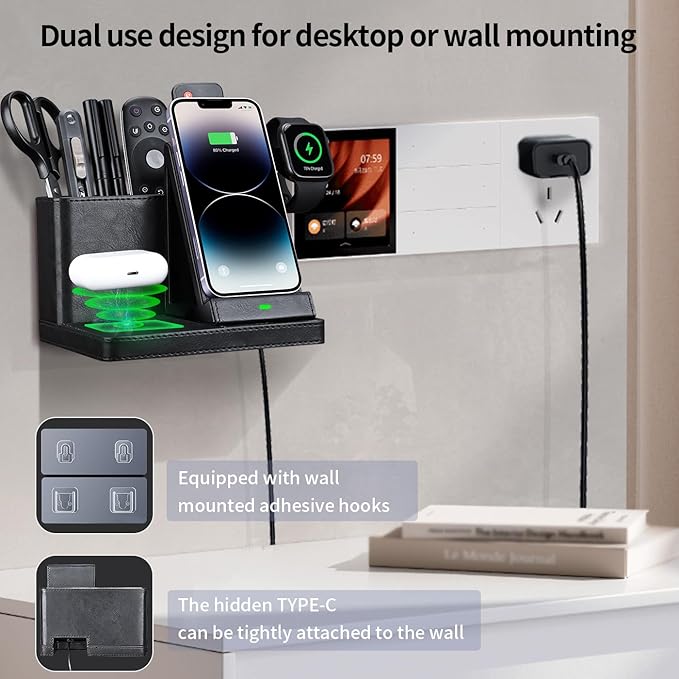 Pen Holder for Desk, Desk Organizers and Accessories,Stationery Holder for Office, School, Home,Desk Organizer With Phone Charger,Wall Mounted Remote Control Holder,Bedside Table Organizer (black)