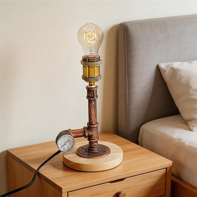 mini Steampunk Compact Copper Pipe Table Lamp with Decorative Pressure Gauge (Wood Base) QTF-BT03