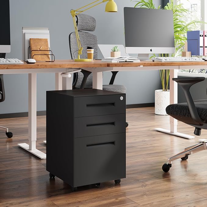 Dripex 3 Drawer File Cabinet, Mobile File Cabinet with Lock on Wheels, Letter/Legal Size, Fully Assembled, Modern Small Short Vertical Metal Rolling Filing Cabinets Under Desk for Home Office (Black)