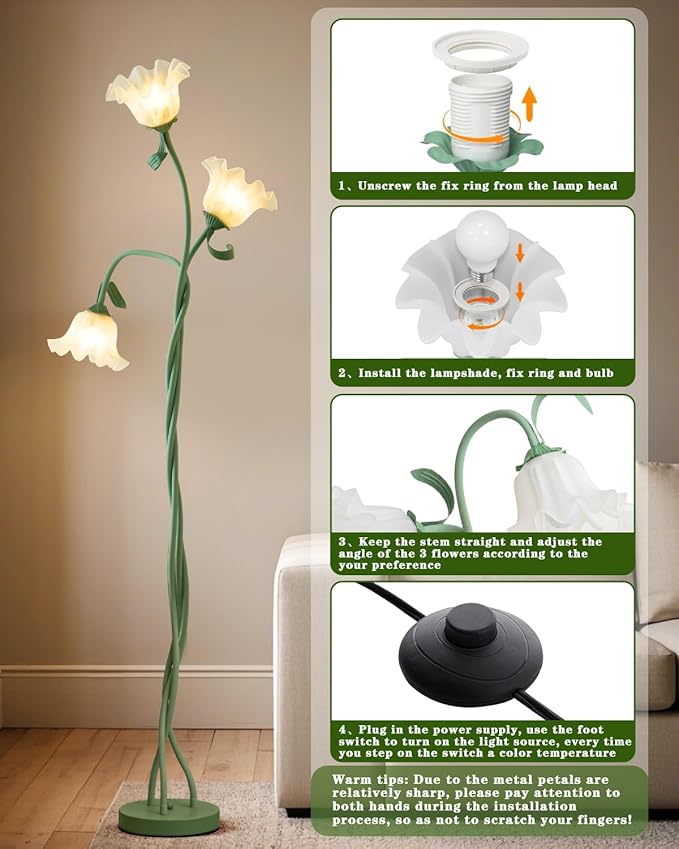 Flower Standing Lamp for Bedroom, Cute Floor Lamp with Flexible Neck, Bulbs Included, 3 Color Temperatures Vintage Tall Reading Lamp for Home Living Room Corner (Green)
