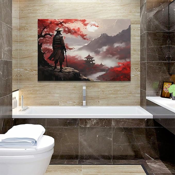 yerretin Japanese Bushido Wall Art Samurai Pictures Wall Decor Ancient Japan Warrior Canvas Landscape Painting Home Decoration Artwork for Bathroom Bedroom Living Room Office Framed 24"x16"