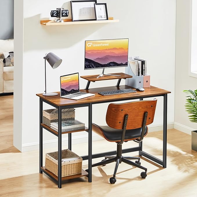 GreenForest Computer Desk with Monitor Stand,47 inch Home Office Desk with Reversible Storage Shelves Modern Writing Study Work Table,Easy Assembly,Walnut