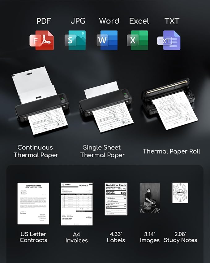 TATTMUSE Bluetooth Inkless Thermal Printer Black & 200 Sheets 8.5" x 11" US Letter Thermal Paper, Compatible with iPhone Android Laptop for Home Car Office