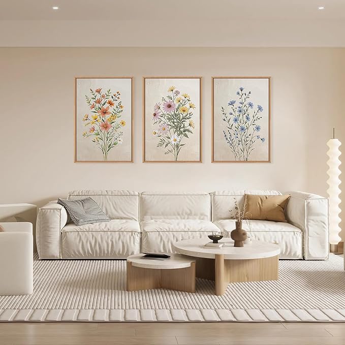 HPINUB Colorful Wildflower Canvas Framed Wall Art Set,Minimalist Botanical Floral Wall Decor,Vintage Flower Artwork,Modern Watercolor Boho Bouquet Art Print for Living Room,Bedroom,Farmhouse-16"x24"x3
