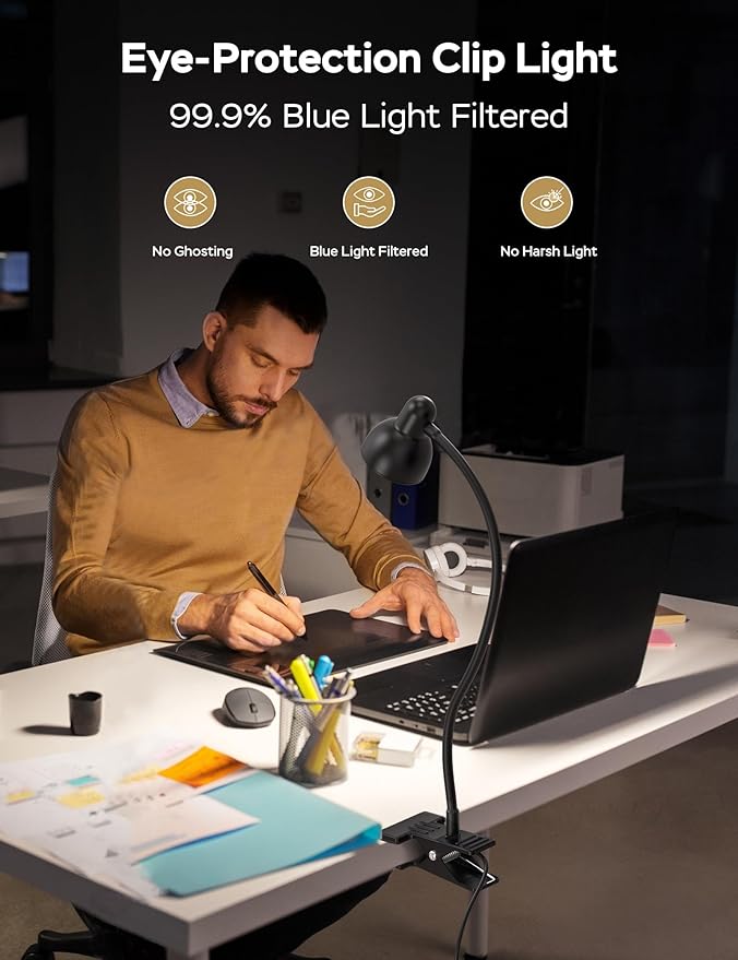 Clip-on Reading Light - 3 Color Modes, 10 Dimmable Brightness, Eye Care Clamp Desk Lamp with Flexible Gooseneck for Reading in Bed, Desk, Headboard, Computer