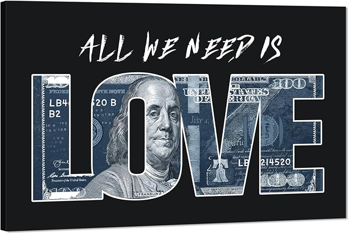 Inspirational Money Dollar Canvas Paintings Wall Art All We Need Is Love (Money) Artwork Modern Home Decor Motivational Framed Office Art Easy to Hang-28x44 inches