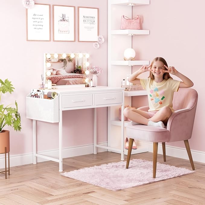 DLisiting 32 Inch Small White Desk with 2 Drawers, Study Writing Computer Desk with Storage Drawer for Bedroom Home Office, Vanity Table Without Mirror for Girls Small Spaces