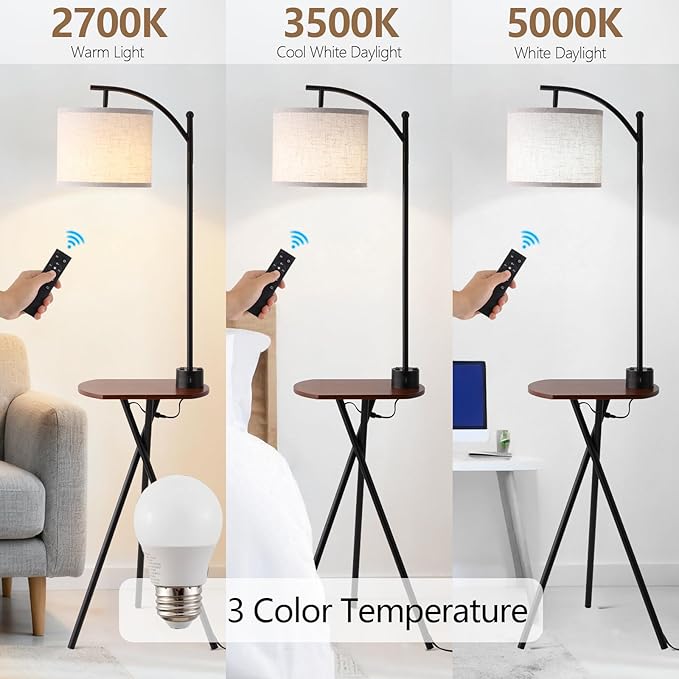 Floor Lamp with Oval Side Table, 3 Color Temperature 9W LED Bulb, Remote and Foot Switch Control, USB A and C Ports, Dual AC Outlets, 1-Hour Timer, Modern Lamp for Living, Bedroom, Black
