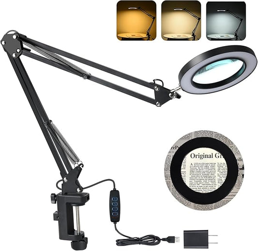 LED Magnifier Desk Lamp with Stand, 3 Color Modes & Stepless Dimming 5-Diopter Glass Lens, Adjustable Swivel Arm - Magnifying lamp for Close Work, Repair, Crafts, Reading - Long