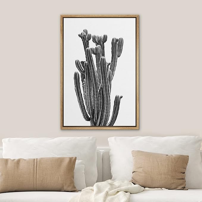 SIGNWIN Framed Canvas Print Wall Art Black White Minimal Saguaro Desert Cactus Nature Wilderness Photography Modern Art Southwest Floral Rustic for Living Room, Bedroom, Office - 16"x24" Natural