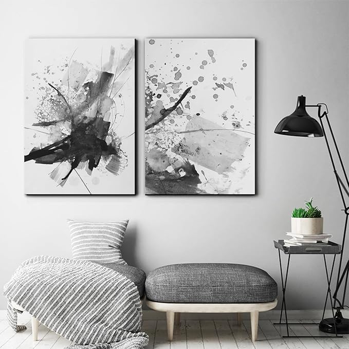 Abstract Black and White Wall Art Modern Artwork for Walls Ink Texture Painting Canvas Prints Watercolor Fluid Lines Pictures Framed Bedroom Office Living Room Bathroom Decorations 12"x16"x3
