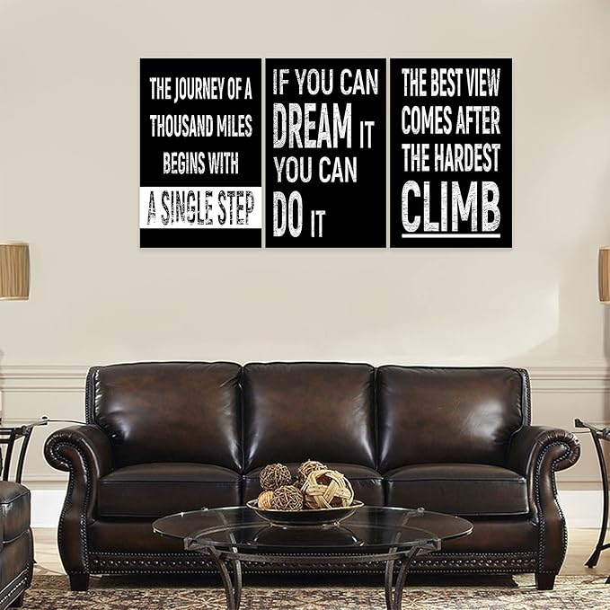 3 Piece Inspirational Wall Art, Black Background Sayings Picture, Quotes Motivational Canvas Prints for Gym Wall Decor, Triptych Entrepreneur Painting Framed Artwork for School Decor (72"Wx36" H)
